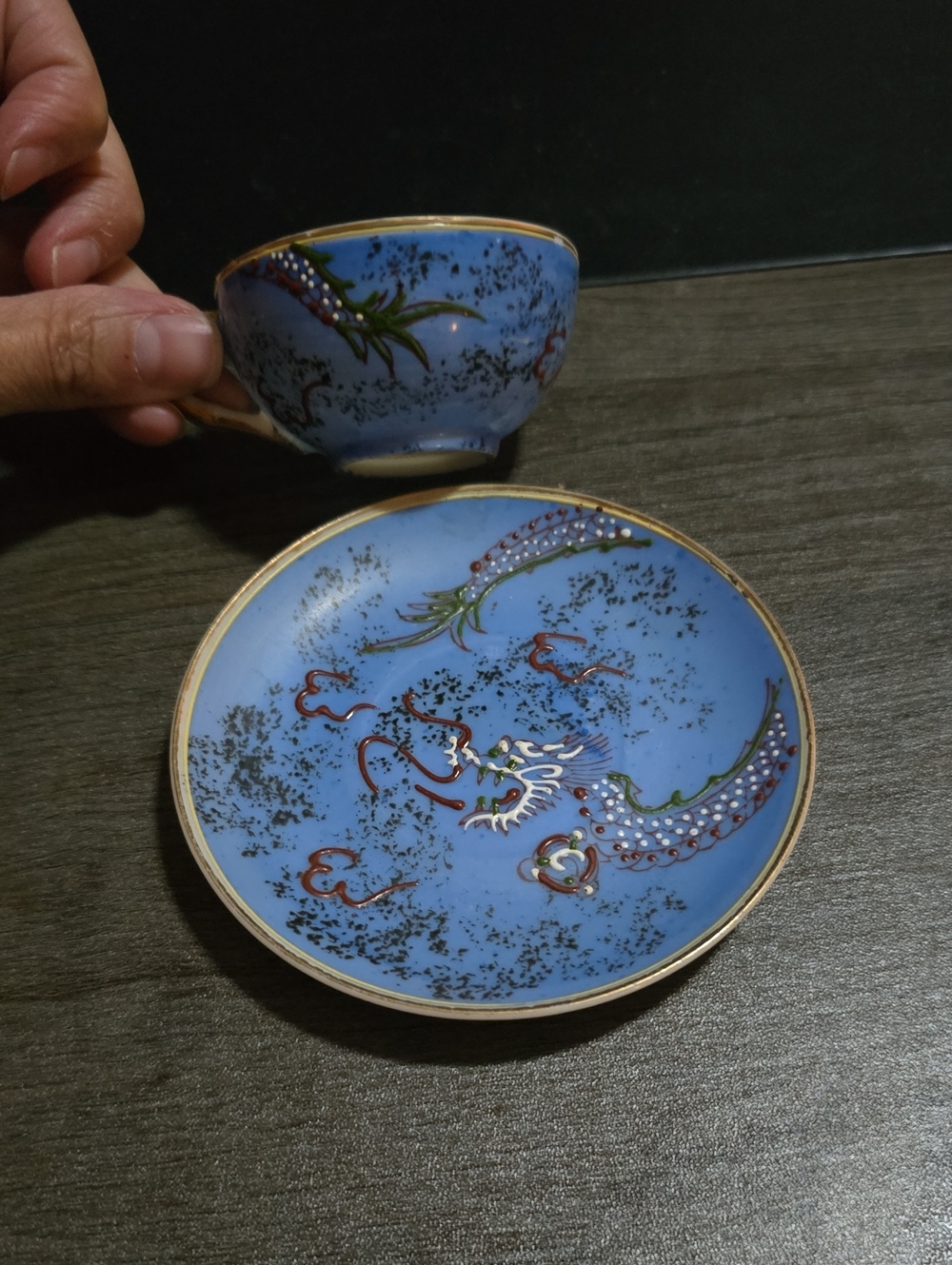 Blue Dragon Cloisonné Accent Tea Cup and Saucer Set